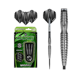 The image shows a set of Winmau Sniper 90% Tungsten Alloy Steeltip Darts with black grips and details, including the packaging box, alongside accessories like flights and shafts.