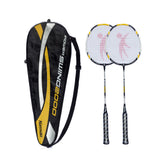 Two Nassau Power Swing 2000 badminton rackets with black, yellow, and white colors, alongside a full cover carrying case.