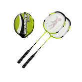Two yellow, black, and white Nassau badminton rackets with a green cover, placed against a white background.