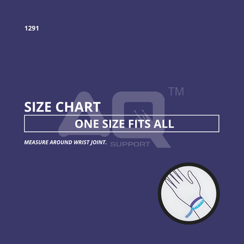 Size chart for wrist support with measurement instructions on a dark blue background