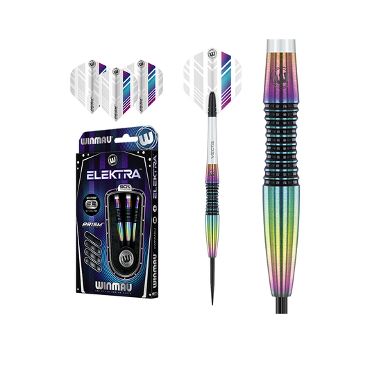A set of Winmau Elektra 90% Tungsten Alloy Steeltip Darts, including three darts with multicolor barrels and a black grip, packaged in a box with a protective Winmau Aluminium Point Protector.